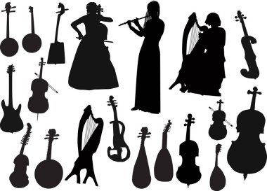 Üç müzisyen ve müzik aletleri beyaza izole edilmiş.