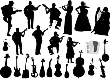Siyah müzisyenler ve müzik aletleri beyaza izole edilmiş.