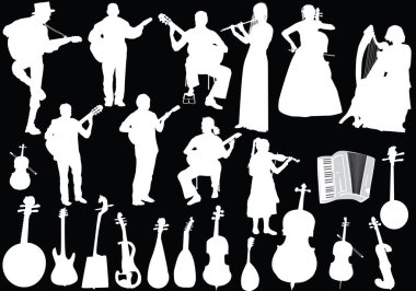 Beyaz müzisyenler ve müzik aletleri siyah üzerine izole edilmiş.