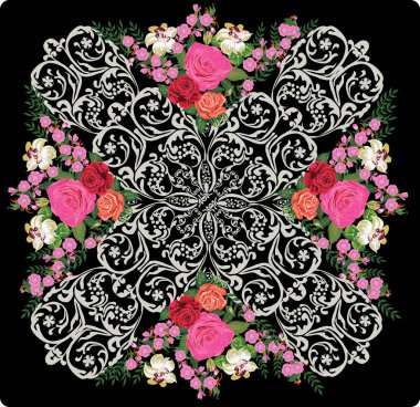white ornament with flowers on black