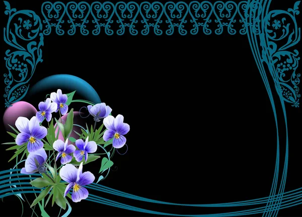 Blue frame with violet flowers on black background — Stock Vector