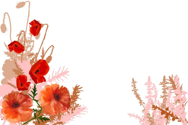 Flores de amapola entre plantas rosadas y marrones — Archivo Imágenes Vectoriales