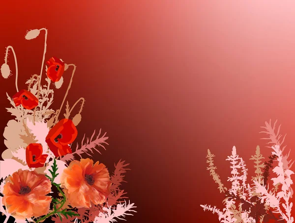 Flores de amapola entre plantas rosadas en rojo — Archivo Imágenes Vectoriales