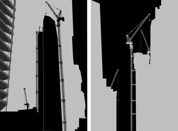 Due composizioni con gru da costruzione molto alte al lavoro — Vettoriale Stock
