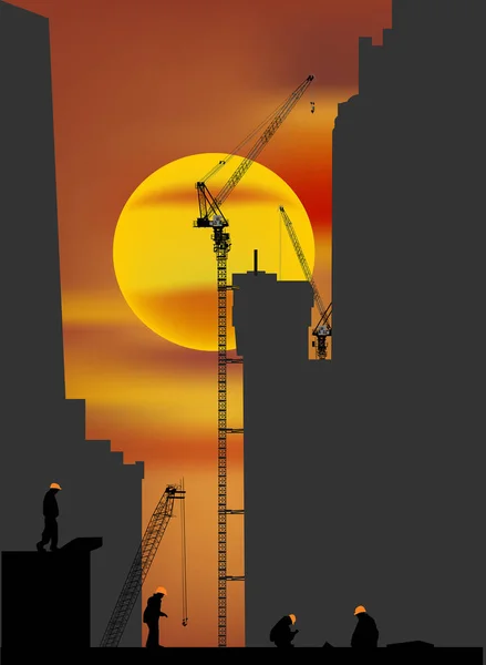 Четыре рабочих и серые высокие здания на закате — стоковый вектор