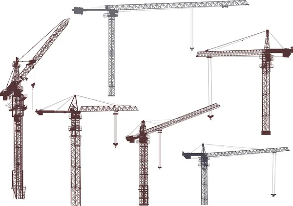 Šest průmyslových stavebních jeřábů na bílém — Stockový vektor
