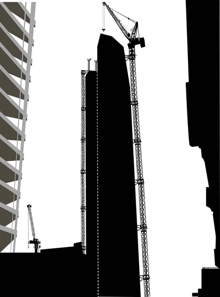 Πολύ υψηλό μαύρο γερανό κτίριο στην εργασία — Διανυσματικό Αρχείο
