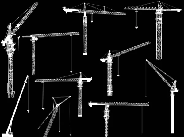 Десять wte будівельних кранів на чорному — стоковий вектор