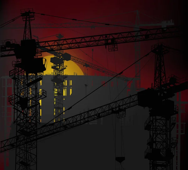 Grandes grues grises près des bâtiments au coucher du soleil rouge — Image vectorielle