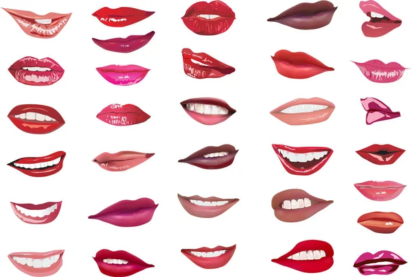 Trente-deux lèvres isolées sur fond blanc — Image vectorielle