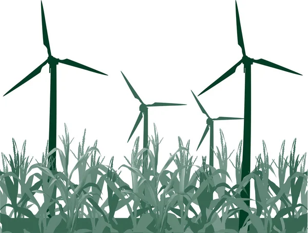 Trois éoliennes dans du maïs isolé sur du blanc — Image vectorielle