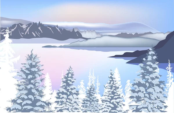 Foresta invernale vicino lago ghiacciato montagna — Vettoriale Stock