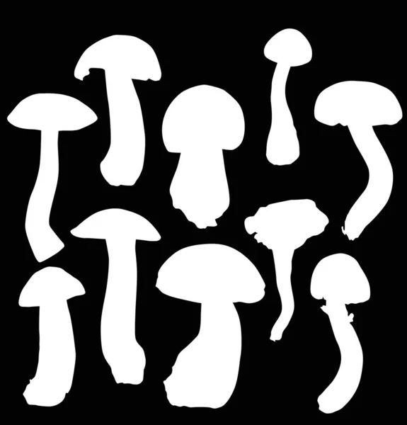 Ten mushrooms silhouettes on black — Stock Vector