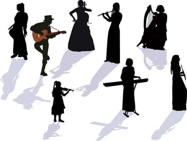 Eight musicians with shadows on white — Stock Vector