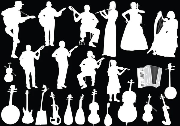 White musicians and musical instruments isolated on black — Stock Vector