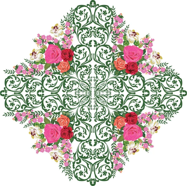 Rombo verde decorado con rosas — Vector de stock