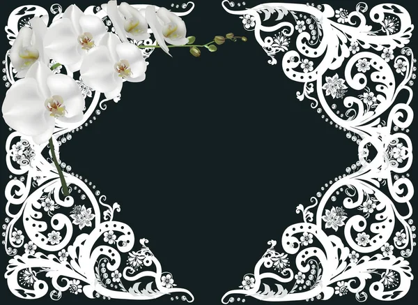 Moldura branca com flores da orquídea no fundo escuro — Vetor de Stock