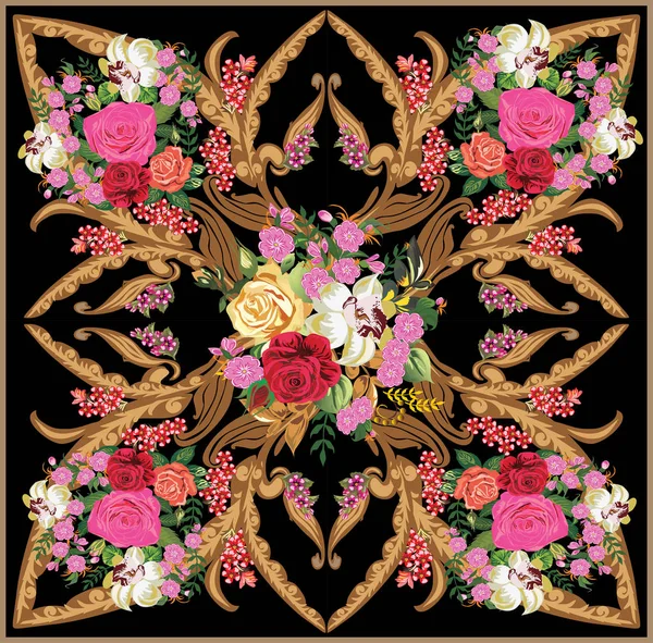 Marrom no quadrado decorado preto com rosas de cor — Vetor de Stock