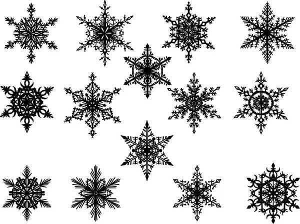 Ensemble de quatorze flocons de neige noirs — Image vectorielle