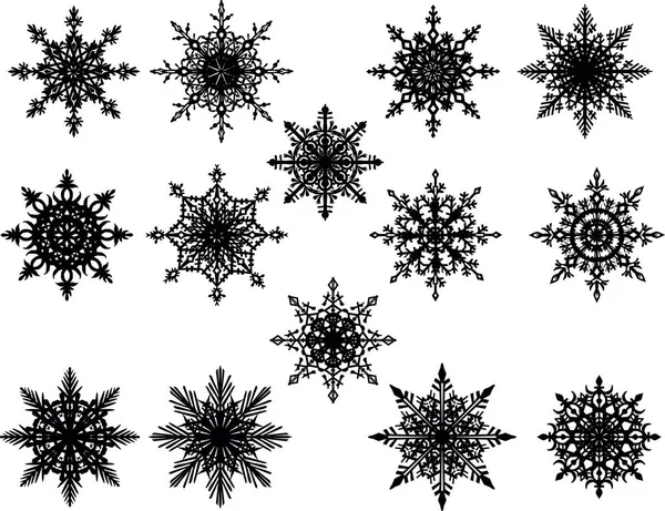 Vierzehn isolierte schwarze Schneeflocken gesetzt — Stockvektor