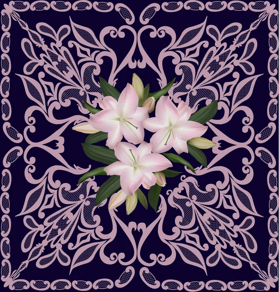 Rosa Dekoration mit Lilienblüten auf dunklem Hintergrund — Stockvektor
