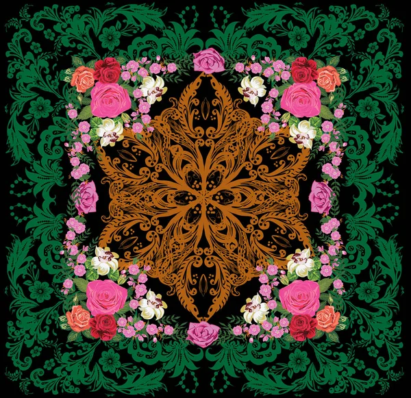 Grøn dekoreret firkant med lyserøde roser – Stock-vektor