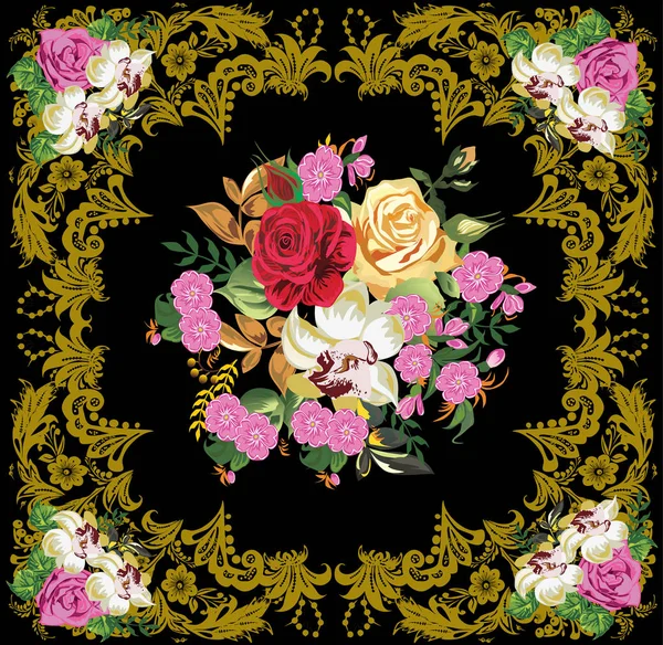 Oro su quadrato decorato nero con rosa e rose rosse — Vettoriale Stock