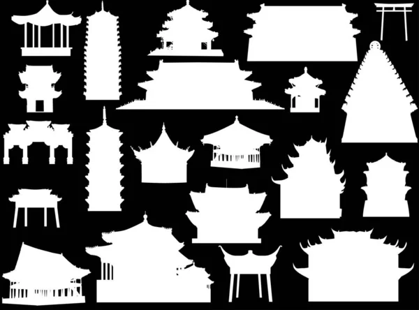 Twenty one isolated on black pagoda silhouettes — Stock Vector