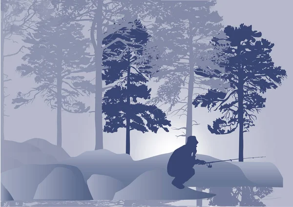 Pêcheur entre pins et rochers sur gris — Image vectorielle