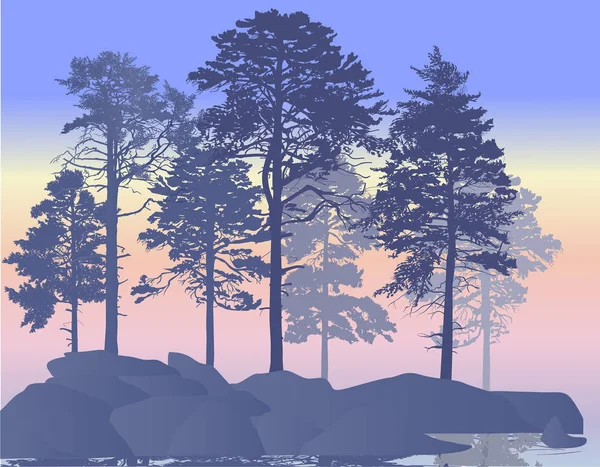 Group of pine tree silhouettes at sunset near lake — 图库矢量图片
