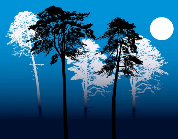 Five pine silhouettes on blue background — Stock Vector