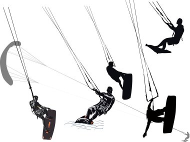 Beyaz arkaplanda yalıtılmış rüzgar sörfçüleri grubu