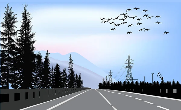 Black birds flying above empty street — Stock Vector