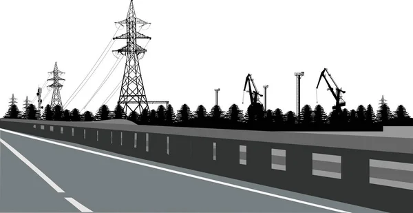 Strada vuota con piloni elettrici illustrazione — Vettoriale Stock