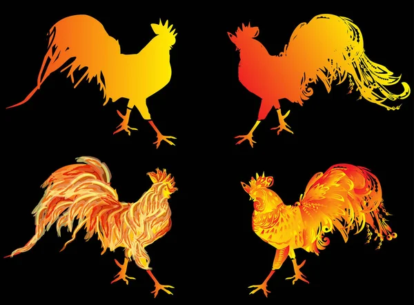 Cuatro gallos de llama naranja en negro — Archivo Imágenes Vectoriales
