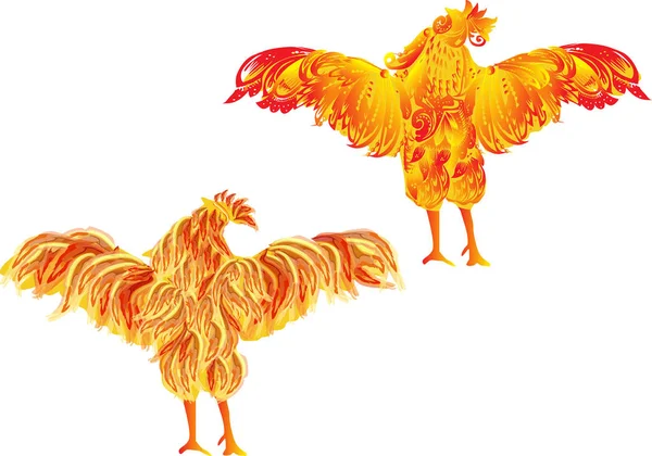 Dos gallos de llama naranja sobre blanco — Archivo Imágenes Vectoriales
