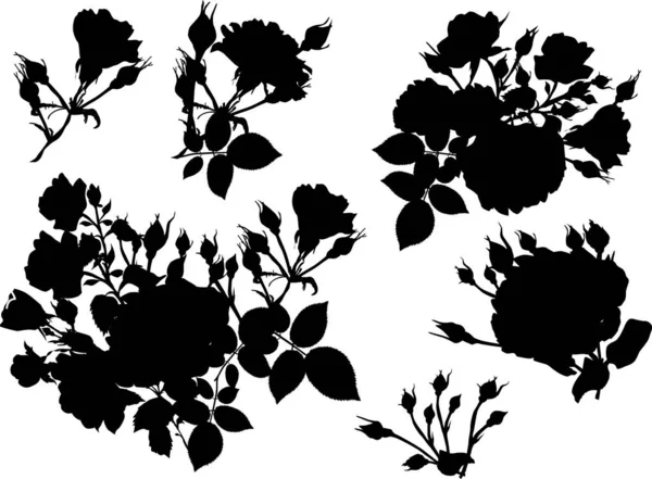 Six rose black isolated silhouettes — Stock Vector
