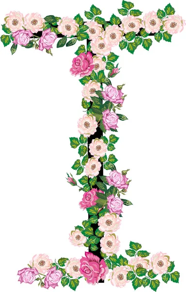 Lettre I de roses et de fleurs plus rondes isolées sur blanc — Image vectorielle