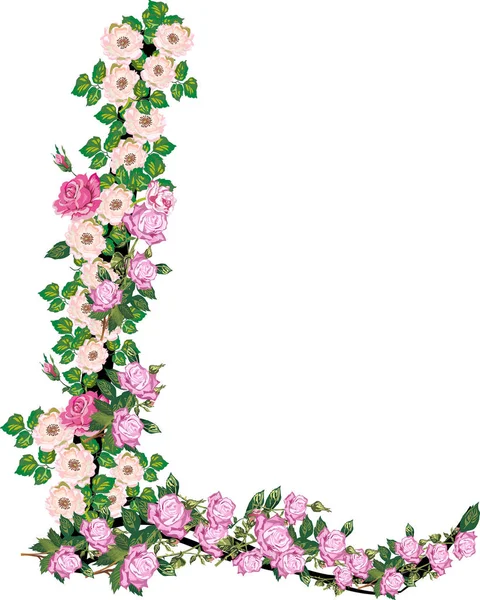 Γράμμα L από τριαντάφυλλο και Brier λουλούδια απομονώνονται σε λευκό — Διανυσματικό Αρχείο