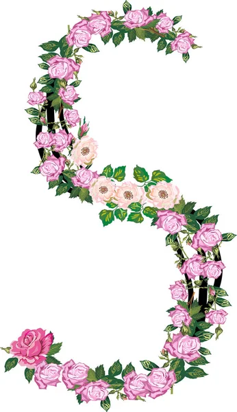 Lettre S de roses et de fleurs plus rondes isolées sur blanc — Image vectorielle