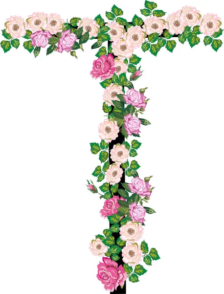 Lettre T de roses et de fleurs plus rondes isolées sur blanc — Image vectorielle