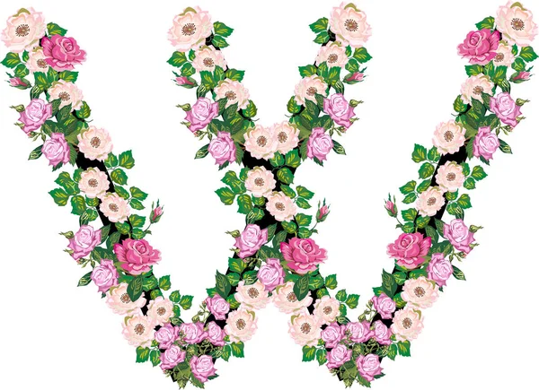 Lettre W de roses et de fleurs plus rondes isolées sur blanc — Image vectorielle