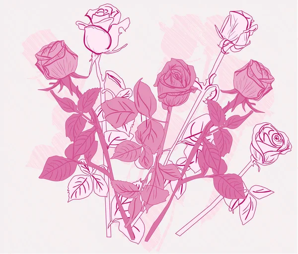 Bos van zes roze rozen schets — Stockvector