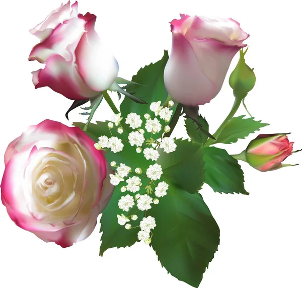 Ramo de rosas claras y flores pequeñas blancas — Vector de stock