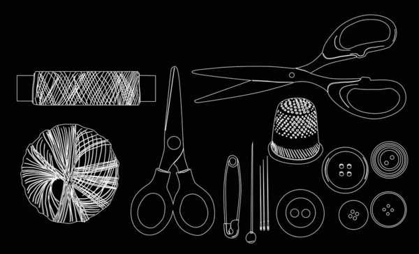 Illustration with set of sewing items sketches on black — Stock Vector