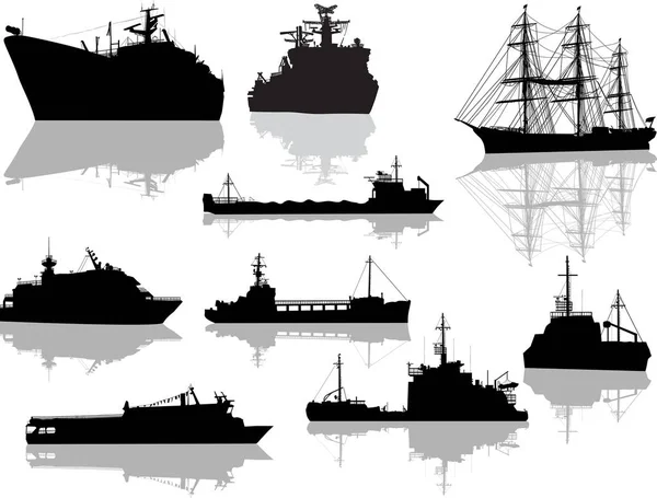 Nueve siluetas de barcos diferentes con reflexiones — Archivo Imágenes Vectoriales