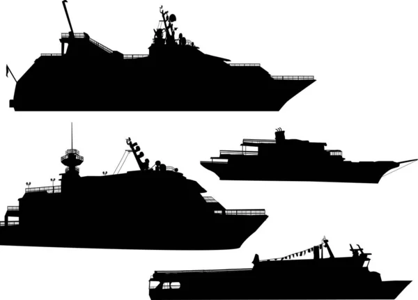 Quatro silhuetas modernas de navios pequenos isolados em branco — Vetor de Stock