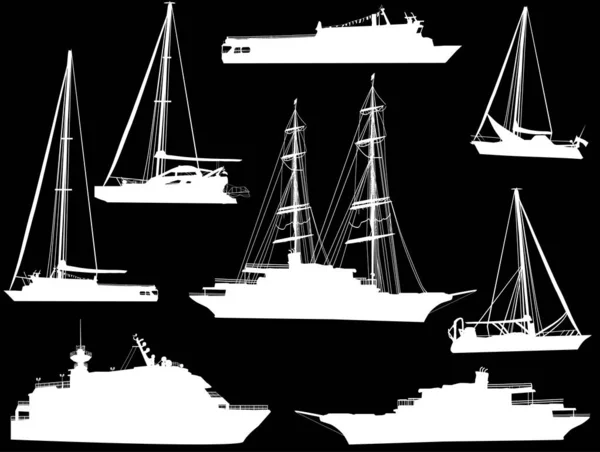 Eight boats collection on black — Stock Vector