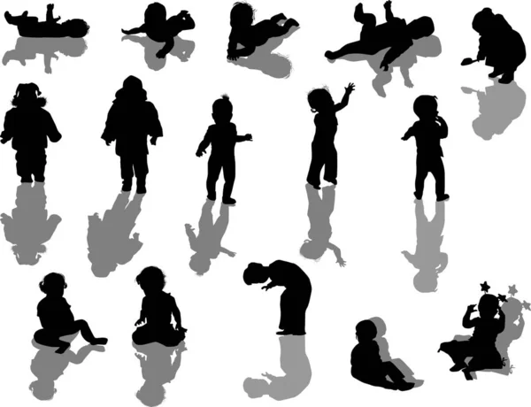 Fifteen child black silhouettes with shadows — Stock Vector