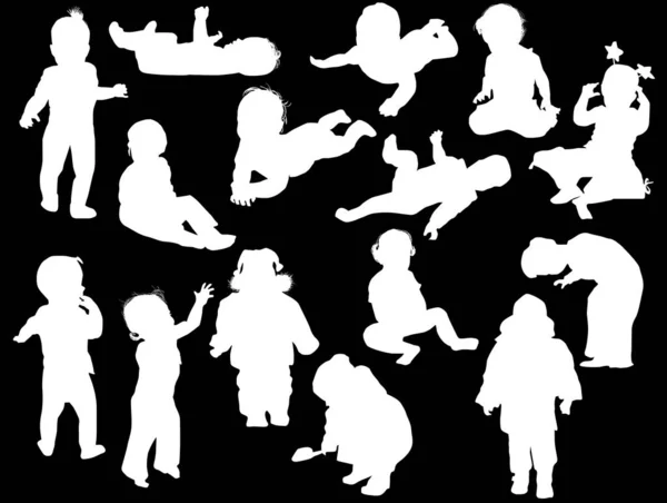 Fifteen child silhouettes collection on black — Stock Vector